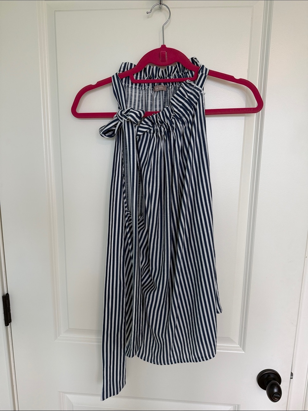 Women’s Size One Striped Navy and White sleeveless blouse, gathered neck size M